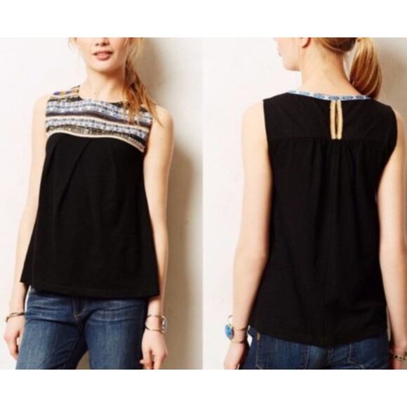 Anthropologie Akemi + Kin Black Embroidered Boho Beaded Top Small - Picture 1 of 7